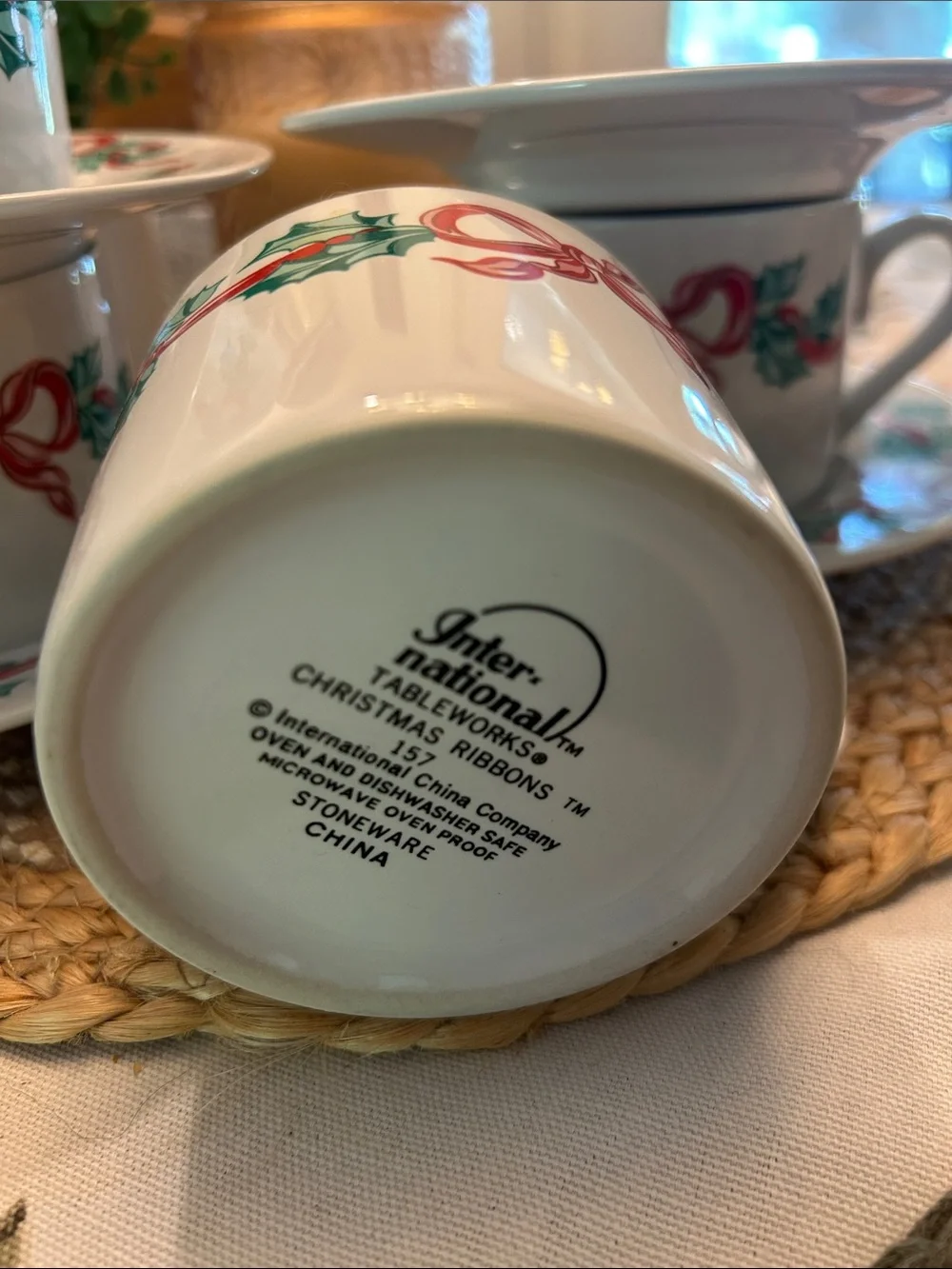 International Tableworks Christmas Ribbon 8oz Coffee cup and Saucer Set